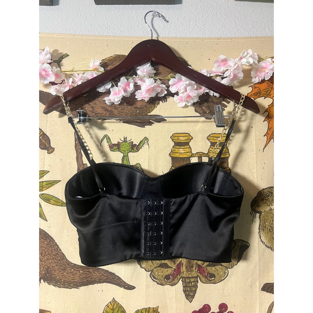 Fashion Nova Bustier Top Womens XS/S Black Satin Chain Strap Crop - Picture 2 of 4